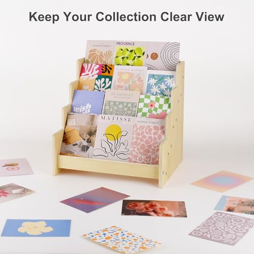 Exood Greeting Card Organizer Display Stand , 4-Tier Wooden Rack Holder for postcard Brochure Photos Sticker Retail