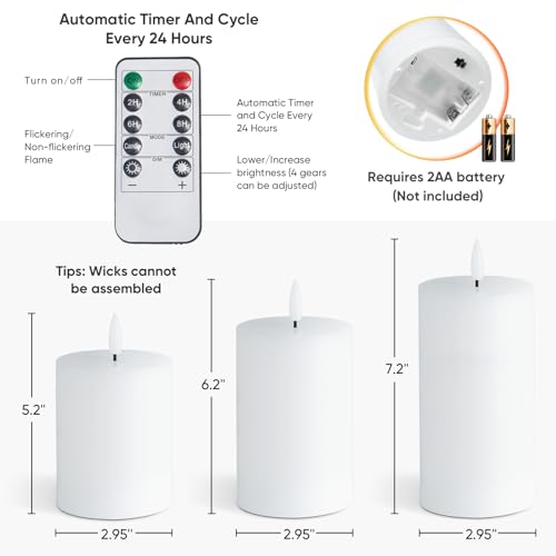 Homemory White Flameless Candles Φ 3" H456 Battery Operated with Remote Timer, Real Wax LED Pillar Candle for Home Fireplace Bedroom Living Room, Set of 3 - color: D3"xH4"5"6"-White
