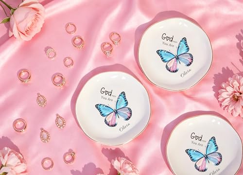 Personalized Ceramic Jewelry Dish, Custom Birth Flower & Name Trinket Tray for Mother's Day, Bridesmaid, Birthday Gift - 4 Shape1s Available (Butterfly Jewelry Tray - Waved Circle) - color: Butterfly Jewelry Tray - Waved Circle