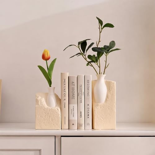 Ceramic Vase Bookends for Shelves, Modern Decorative Bookends with Flower Vase, Aesthetic Bookshelf Decor Book Ends with 2 Artificial Tulip Flowers