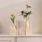 Ceramic Vase Bookends for Shelves, Modern Decorative Bookends with Flower Vase, Aesthetic Bookshelf Decor Book Ends with 2 Artificial Tulip Flowers