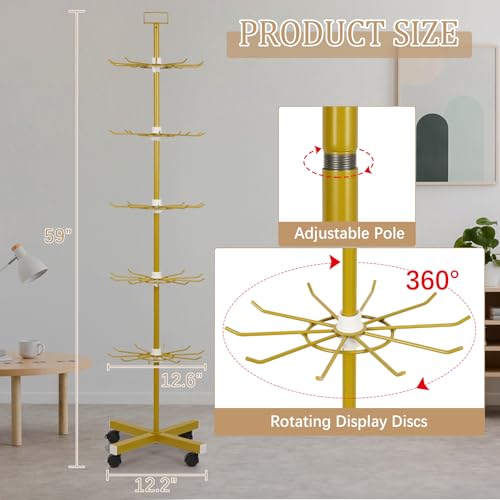 Retail Display Stand 5 Tier Metal Spinning Display Rack with Wheels Keychain Jewelry Stocking Hat Display Stand with Hooks for Malls, Showroom, Retail Store (Gold) - color: Gold