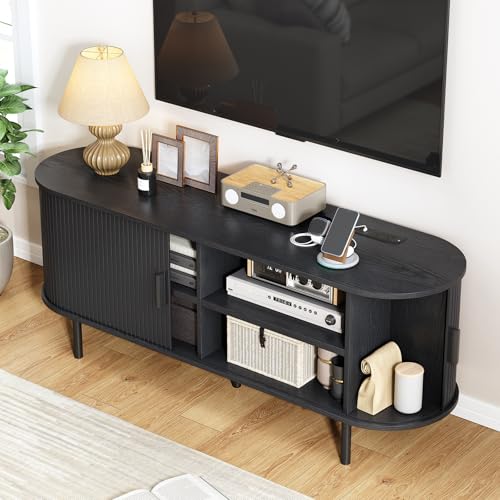 55" TV Stand with Power Outlet, Modern Media Console with Sliding Doors, Entertainment Center for TVs up to 60 Inch, Adjustable Shelves, Black - color: Black, size: 55 Inch