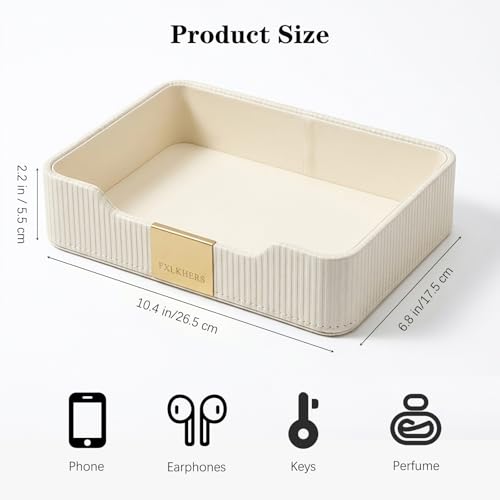 Valet Tray Nightstand Storage Organizer - PU Leather Desktop Storage Organizer Fits Cosmetics Perfume Skincare Lipsticks for Dresser Vanity, Catchall Tray for Watch Wallet Phone Keys|White - color: White