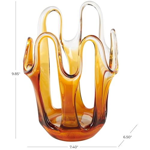 Deco 79 Glass Abstract Decorative Vase Ombre Centerpiece Vase with Wavy Oval Cutouts, Flower Vase for Home Decoration 7" x 7" x 10", Orange - color: Orange, size: 7" x 7" x 10"
