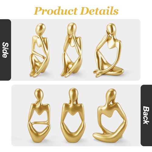 3PCS Gold Thinker Statues Home Decor, Resin Abstract Trendy Art Sculpture, Modern Aesthetic Collectible Figurines Display for Home Office Bedrooms Shelf Table Desktop Decoration