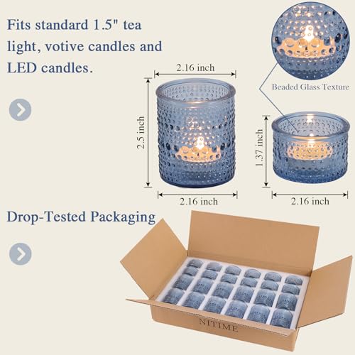 NITIME Blue Glass Votive Candle Holders Set of 24, Assorted Heights Polka Dot Tealight Candle Holders for Table Centerpiece, Blue Candle Holder Decor for Wedding, Baby Shower Party & Spa - color: Blue