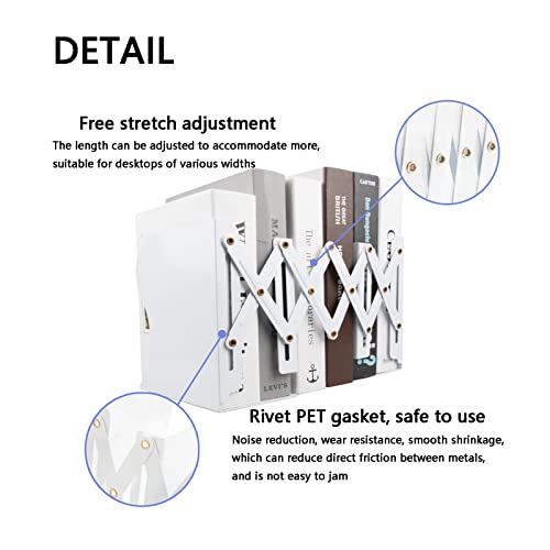 Adjustable Metal Bookends Heavy Duty for Shelves, 2 Dividers, Anti-Slip Design Expandable Book Ends for Desk, Office(White, 19 inches Max) - color: White