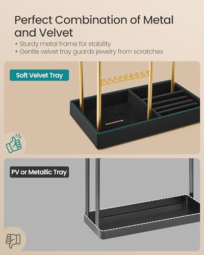 SONGMICS Jewelry Holder, Jewelry Organizer Display Stand with Metal Frame, Velvet Tray, Necklace Earring Bracelet Holder, for Studs, Rings, Gift Idea, Pale Gold and Ink Black UJJS021AB02 - color: Pale Gold + Ink Black