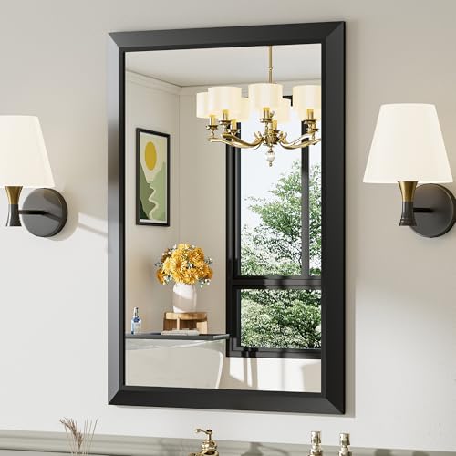 Briivue 24x36 Inch Black Bathroom Mirror for Wall, Thick Metal Framed Rectangle Mirrors for Over Sink, Bedroom, Living Room, Entryway, Anti-Rust, HD Tempered Glass - color: Black, size: 24"L x 36"W