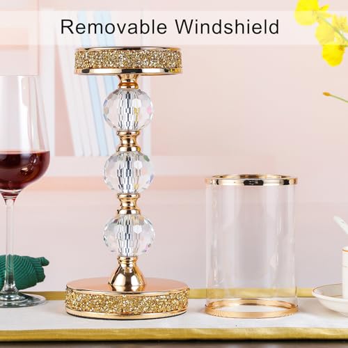 Hurricane Glass Candle Holders, Gold Pillar Candle Holders for Pillar Candle, Magnetic Glass Cover, Crystal Candlesticks Holder for Dining Coffee Table, Wedding,Events,Parties, Home Decor - size: 3 crystal balls
