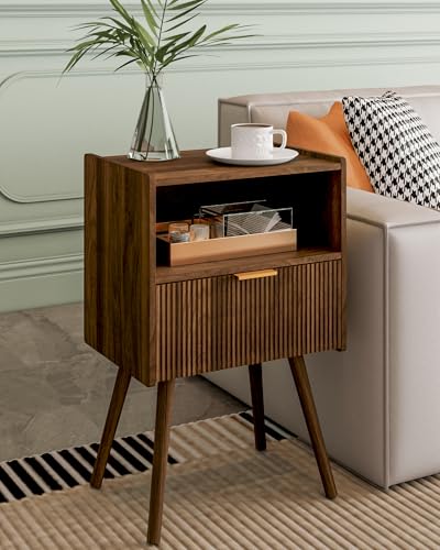 Veegle Nightstand,Modern Bedside Table with Storage Drawer and Open Wood Shelf, Accent Night Stand with Solid Wood Legs for Living Room, Bedroom and Small Spaces,Easy Assembly (Walnut Brown) - color: Walnut Brown