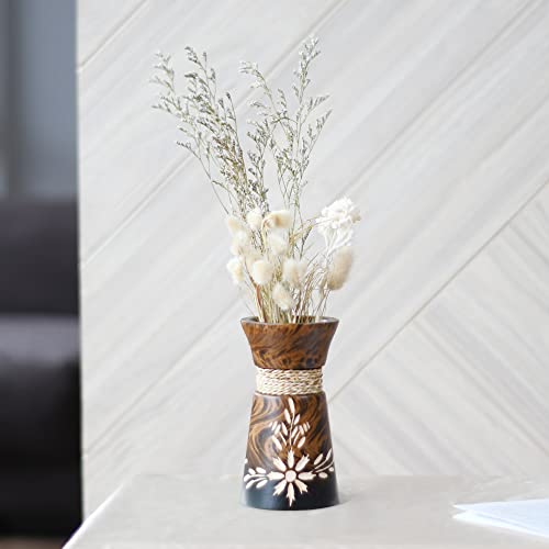 AeraVida 6-Inch Nature’s Beauty Etched Flower and Rope Design Mango Tree Wood Rectangular Handmade Vase | Rustic Wooden Tabletop Vase for Flowers | Sustainable Home & Kitchen Decor