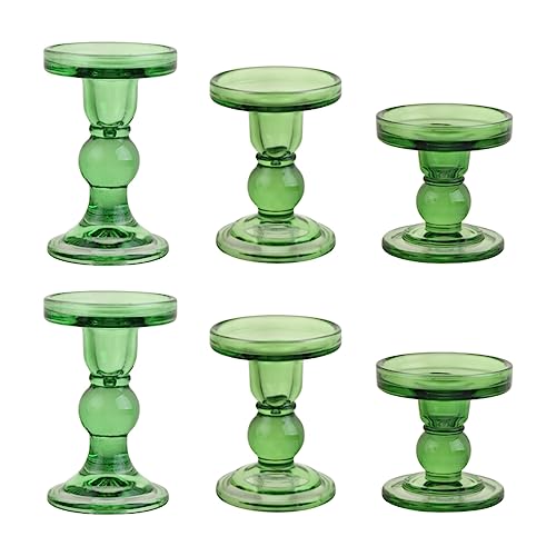 6-Piece Set of Green Glass Candlestick, Crystal Candlestick Holder Holder and Conical Candle, Christmas Candle Holder Decoration, Family Living Room Wedding Candle Holder (green2sets) - color: Green2sets
