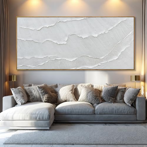 WINKAILIN White Wave Wall Art Textured Canvas Hand-drawn Minimalist Pictures Modern Oversized Painting Extra Large Artwork for Living Room Office Hallway Home Decoration 32x70 Inch - color: White, size: 70"L x 32"W