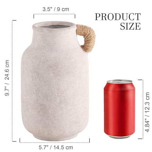 Ceramic Flower Vase Home Decor - Large White Rustic Table Flowers Vases Living Room Bedroom Plant Decoration Farmhouse Vintage for Kitchen Shelf Office Coffee Dining Desk House (9.7" with Jute Rope) - color: 04-with Hemp Rope-9.7"