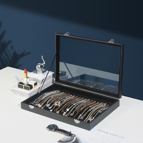 Coward 20 Hooks Necklace Organizer Jewelry Box, Dustproof Necklace Display Holder Case, Black Velvet Necklace Display Tray Case with Transparent Glass Lid for Home Use or Store Selling Show - color: Black Velvet, size: Necklace Box