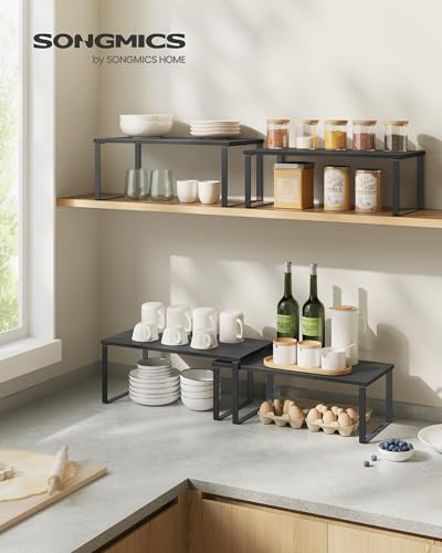 SONGMICS Cabinet Organizer Shelf, Set of 2 Kitchen Counter Shelves, Kitchen Storage, Spice Rack, Stackable, Expandable, Metal and Engineered Wood, Ink Black and Charcoal Black UKCS025B01 - color: Ink Black + Charcoal Black, size: 15.6"W