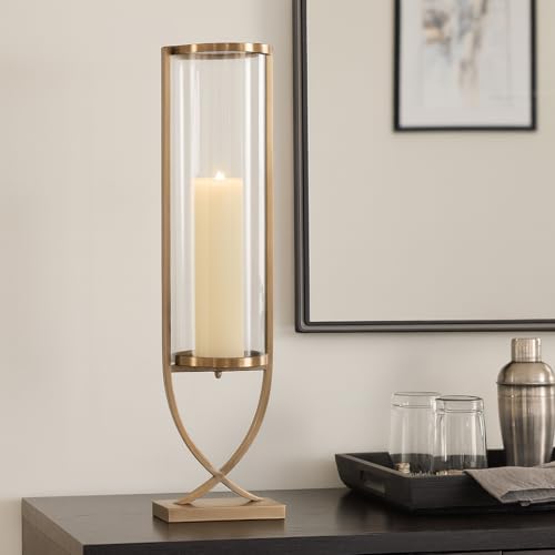 Contemporary Metal and Glass Hurricane Candle Holder - Decorative Pillar Candlestick Holder for Table Centerpiece - Elegant Home Decor Accents for Any Special Occasion Decoration - 31" Gold - color: Gold, size: 31"
