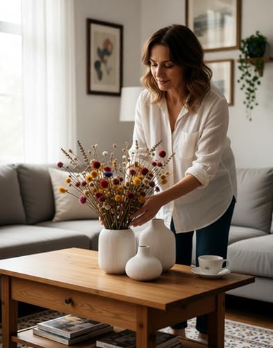 White Ceramic Vases for Decor, 3 Set Small Modern Minimalist Ribbed Vases Decorative for Table Shelf Decor Bookshelf Decoration Vase - color: 15 White