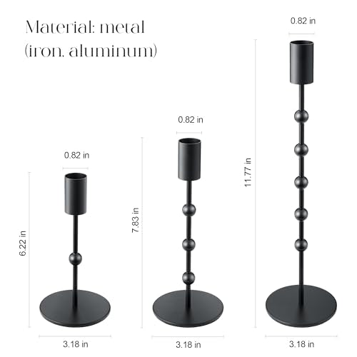 Black Candlestick Holders, Beaded Metal Taper Candle Stick Holders, Set of 3 Candle Holder for Fall Decorations, Tapered Candle Holders, Thanksgiving Table Centerpiece, Halloween Gothic Decor - color: Black