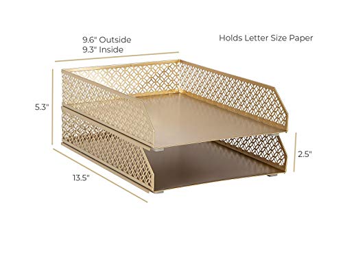 BLU MONACO | Paper Tray Stackable Gold Set of 2 | Stackable File Trays for Desk Organization | Tiered Desk Organizer with Metal Letter Trays