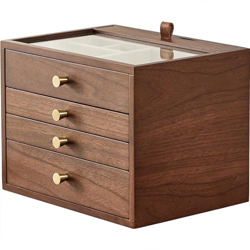 CHOSIN Black Walnut Wooden Jewelry Box for Women, Wood Jewelry Organizer 4 Layer with Glass Lid and Pull-out Necklace Storage Layer, for Watch Necklace Ring Earring Storage Gifts for Mom - style: 4 Layer B