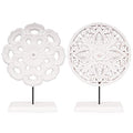 AXEARTE 2 Pack Wooden Carved Cutout Flower Medallion Sculpture, Rustic Distressed White MDF Statues Home Tabletop Decor, Decorative Ornaments for Living Room, Bedroom, Office Desktop, Cabinets
