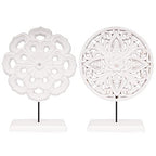 AXEARTE 2 Pack Wooden Carved Cutout Flower Medallion Sculpture, Rustic Distressed White MDF Statues Home Tabletop Decor, Decorative Ornaments for Living Room, Bedroom, Office Desktop, Cabinets