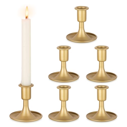 Gold Taper Candle Holder Vintage: Small Candle Sticks Holder Decor Brass Candlestick Holders for Home Dinning Table Wedding Centerpiece Holiday Party Chrismas Mantel Set of 6 - size: 6Pcs