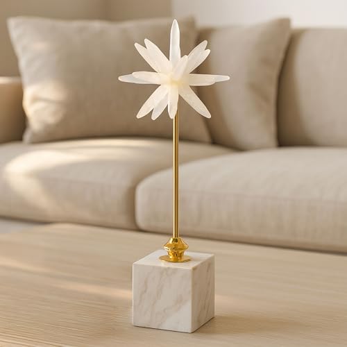 Mystique Small Starburst Statuary – Modern Decorative Object with Marble Base, Metal Stem and Sculptural Flower Top – Contemporary Home Decor Accent for Shelves Tables and Desks, 17", White & Gold - size: 17"