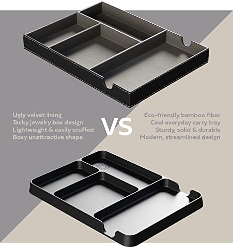 Pocket Deck Valet Tray (Black) for Men. Everyday Carry EDC Caddy Bamboo Organizer. Perfect for Night Stand, Bedside, Dresser, Desk, Office, Bedroom. with Phone Charger. Storage Slots for Wallet, Keys