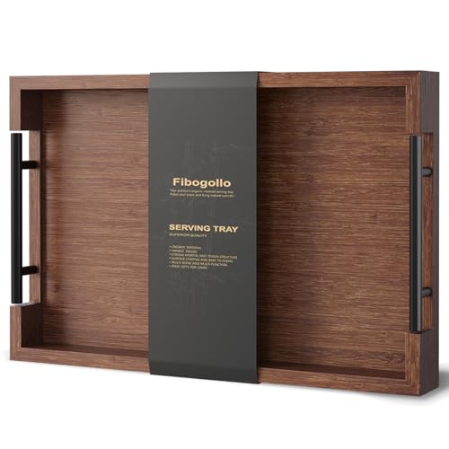 Fibogollo Bamboo Serving Tray with Metal Handles,15x10in Ottoman Decorative Trays Platter for Coffee Table,Living Room,Bar,Party,Medium(Brown) - style: Brown-Medium
