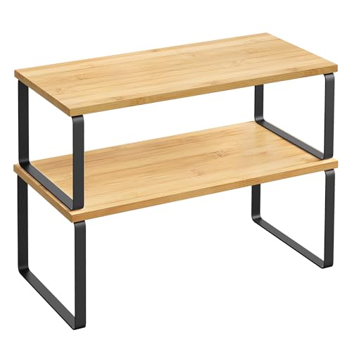 SONGMICS Cabinet Organizer Shelf, Set of 2 Kitchen Counter Shelves, Kitchen Storage, Spice Rack, Stackable, Expandable, Metal and Engineered Wood, Ink Black and Natural Beige UKCS200B01 - color: Ink Black + Natural Beige, size: 15.6"W