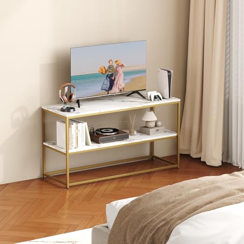 Function Home TV Stand for TVs up to 50 Inch, 2 Tier Entertainment Center, Modern TV Cabinet with Marble Top and Gold Metal Base, 42" Media Console Table with Storage for Living Room Bedroom - color: 42" Gold