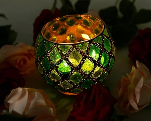 Votive Candle Holder Tea Lights - Glass Candle Holders, Mosaic Tealight Candle Holder, Candle Jar Cup for Wedding Centerpiece Party Table Decorations, Valentines Day Decor - color: A - Noble Green