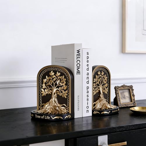 Tree of Life Bookends, Black Gold 2 Non-Skid Heavy Decorative Bookends for Shelves Or Bookcase, Elegant Bookends for Library Office Decor, Home Décor Gift - color: Black Gold