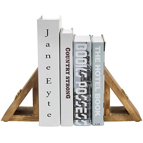 MyGift Brass Wood Decorative Bookends Triangular Design, Office Desk Wooden Book Ends, Book Stand for Shelves with Tone Ring Accent, Rustic Burnt - color: Burnt Wood Triangular