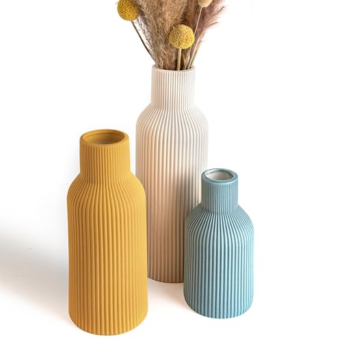 Colorful Ceramic Vases Set of 3 (White, Yellow, Blue) - Modern Matte Ribbed Color-Block Vases for Dried Flowers - Scandi Boho Decor Centerpieces for Living Room & Shelf - color: White/Yellow/Blue