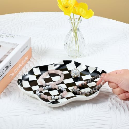 Koythin Jewelry Tray, Ceramic Jewelry Dish Trinket Tray Organizer, Checkered Pattern Aesthetic Decorative for Kitchen, Bathroom (Black and White Checkerboard) - color: Black and White Checkerboard