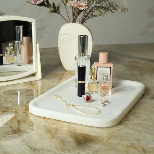 Koville Marble Vanity Tray, 12"x8" Marble Catchall Tray for Countertop Bathroom Kitchen Dresser, Rectangular Decorative Stone Tray for Jewelry Cosmetics Perfume Trinket(White) - color: White