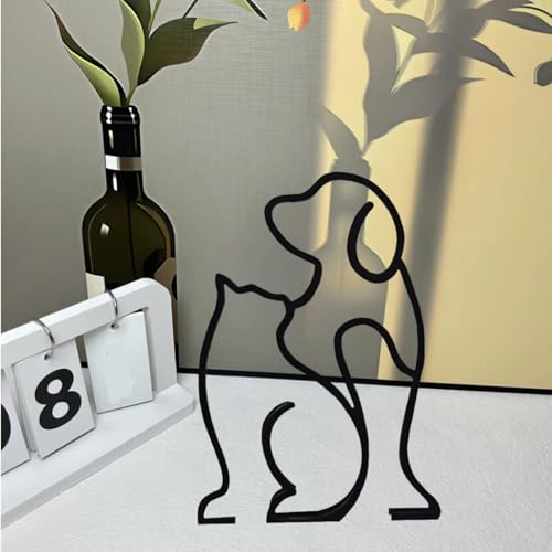 Modern Metal Cat Wall Art Sculpture, Black Minimalist Home Decor, Living Room Wall Decoration (Rely on Cats and Dogs)