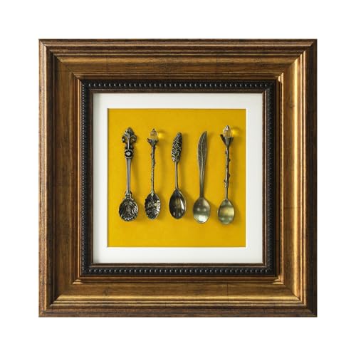 FOLKOR LIFE Vintage Wall Art Decor, Framed Wall Sculptures Art with Embossed Intricate Spoons Design for Home Decor, Dining Room Décor, Coffee Shop, Housewarming Gifts for New Home, 13x13 - color: White & Yellow-5 Spoons
