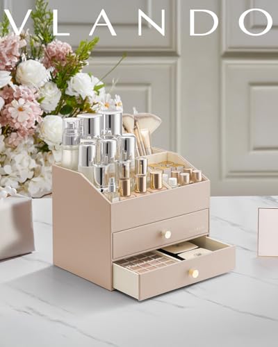 Vlando Makeup Organizer for Vanity,Large Capacity Countertop Organizer with Drawers, PU Leather Cosmetic Display Case for Lipstick,Brushes,Skincare,Bedroom Storage (Toffee) - color: 3 layers-Toffee