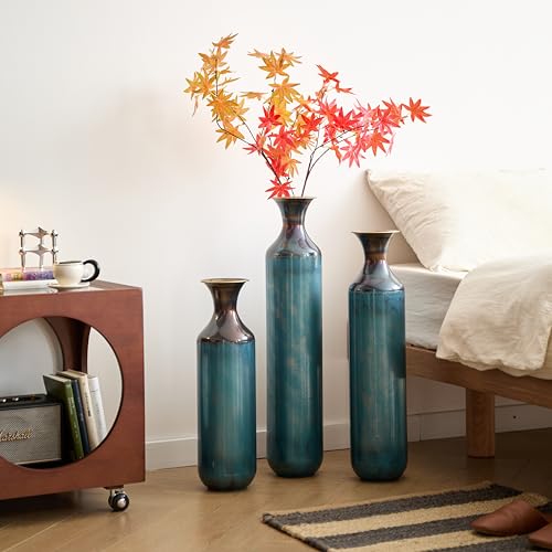 Floor Vases, Tall Home Decor Metal Vase Set of 3 Large Glazed Decorative Vases for Wedding Decor, Elegant Modern Flower Holder for Living Room, Entryway, Hallway, Dining Room - color: Gradient Blue