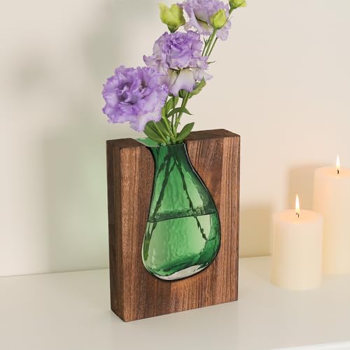 Wood and Glass Inlay Vases Farmhouse Wooden Glass Flower Vase Solid Wood Glass Vase Home Decor Vases for Centerpiece (9.29 Inches) - size: 9.29 Inches