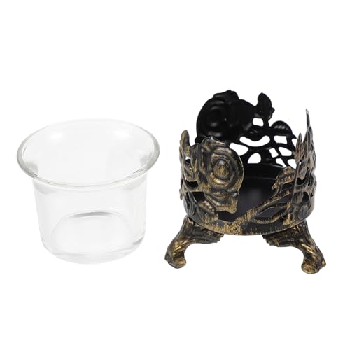 Retro Iron Carving Hollowed Candlestick Holder with Glass Cup Vintage Decorative Candle Holder for Home Office Craftsmanship Clean Surface for Holidays Weddings and Dinner Parties