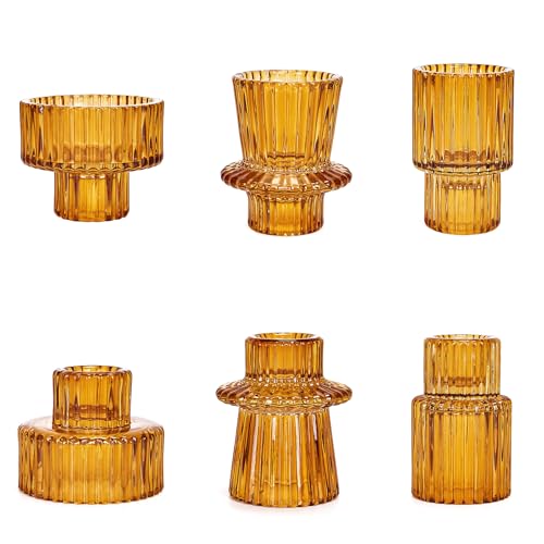 Candlestick Holders Set of 6, Ribbed Glass Taper Candle Holders, Reversible Amber Tealight & Candle Stick Candle Holder Vintage Crystal Tapered Candlestick for Wedding Dinner Party Festival - color: Amber