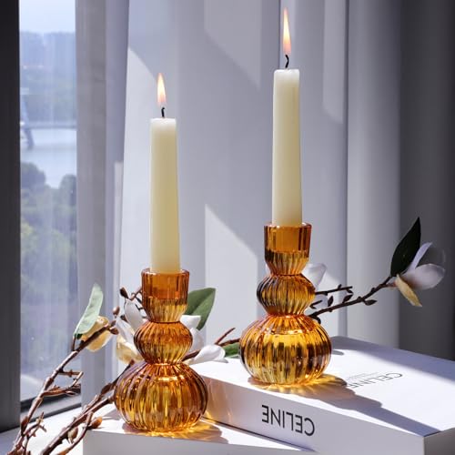 Woho Amber Taper Candle Holders 4.3" H for Halloween/Thanksgiving Decorations, Set of 3 Ribbed Glass Candlestick Holders Vintage for Fall Wedding, Boho Candle Sticks Holder Decor for Dining Table - color: Amber