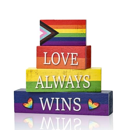Smile Pride Month "Love Always Wins" Wooden Tabletop Decor LGBTQ+ Rainbow Wood Sign Desktop Plaque Set for Home, Office, Party Decor - Gay Pride Gift - style: LGBT